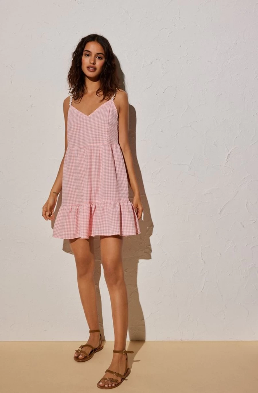 YSABEL MORA Women's Mini Check Dress in Pink & White - Classic Plaid Pattern Short Sleeve Style