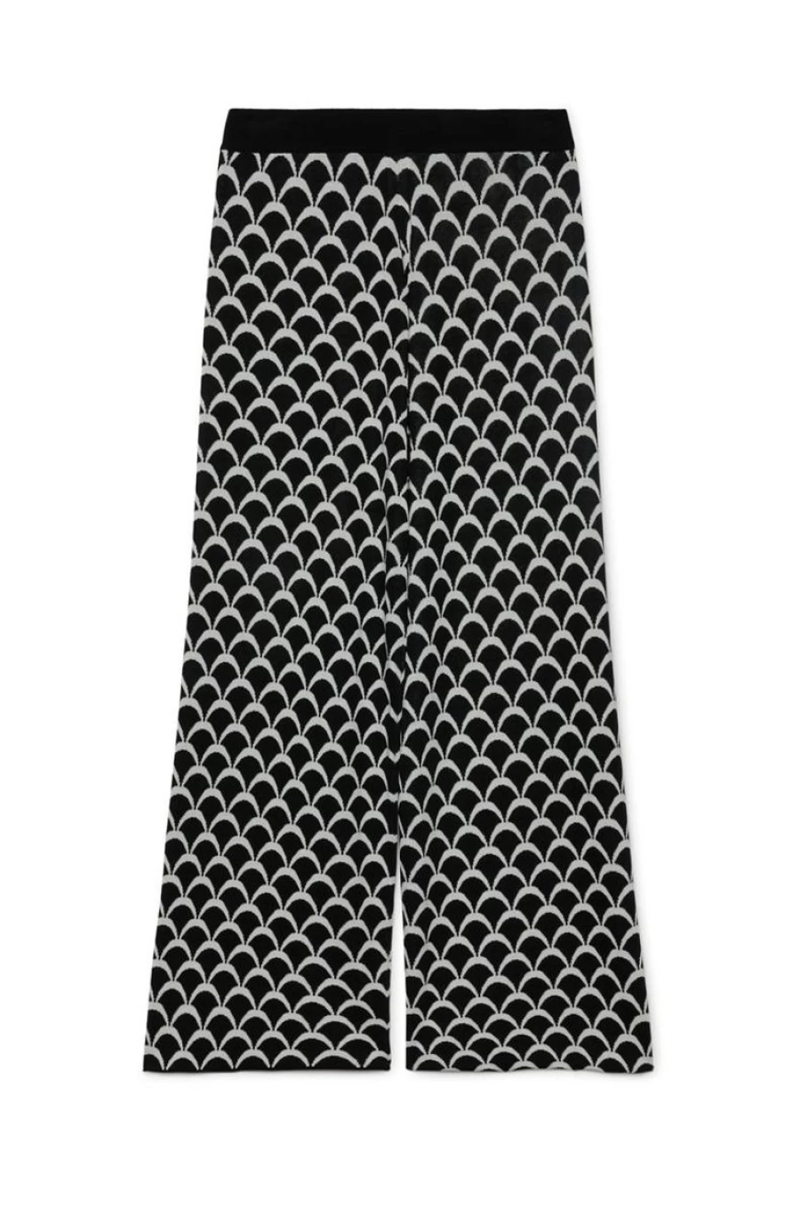 ELENA MIRO Women's Black & White Wave Jacquard High-Waisted Trousers - Elegant Printed Palazzo Pants