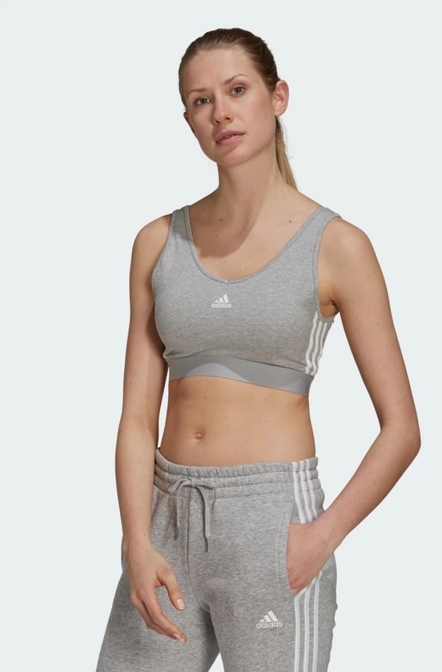 Adidas Women's Grey Essentials 3-Stripes Crop Top with Removable Pads