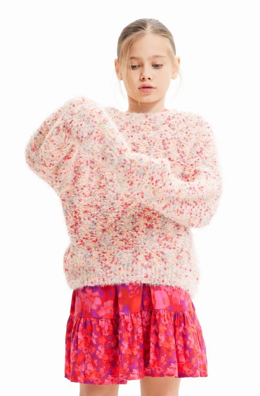 DESIGUAL Girls' Boucle Knit Pullover Sweater Soft Textured Cozy Jumper