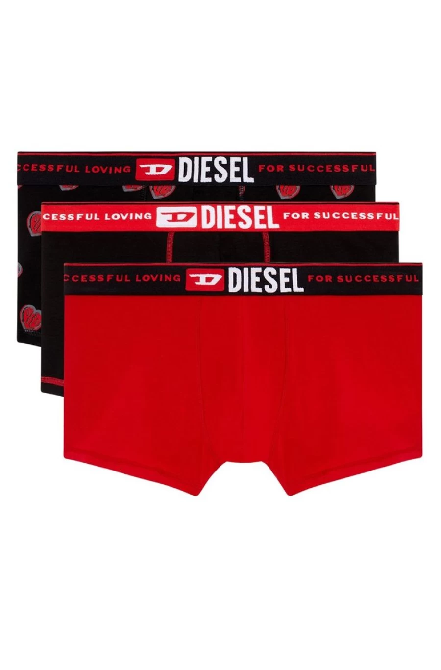 DIESEL Men's Black/Red Heart Print Boxer Briefs 3-Pack with Logo Waistband