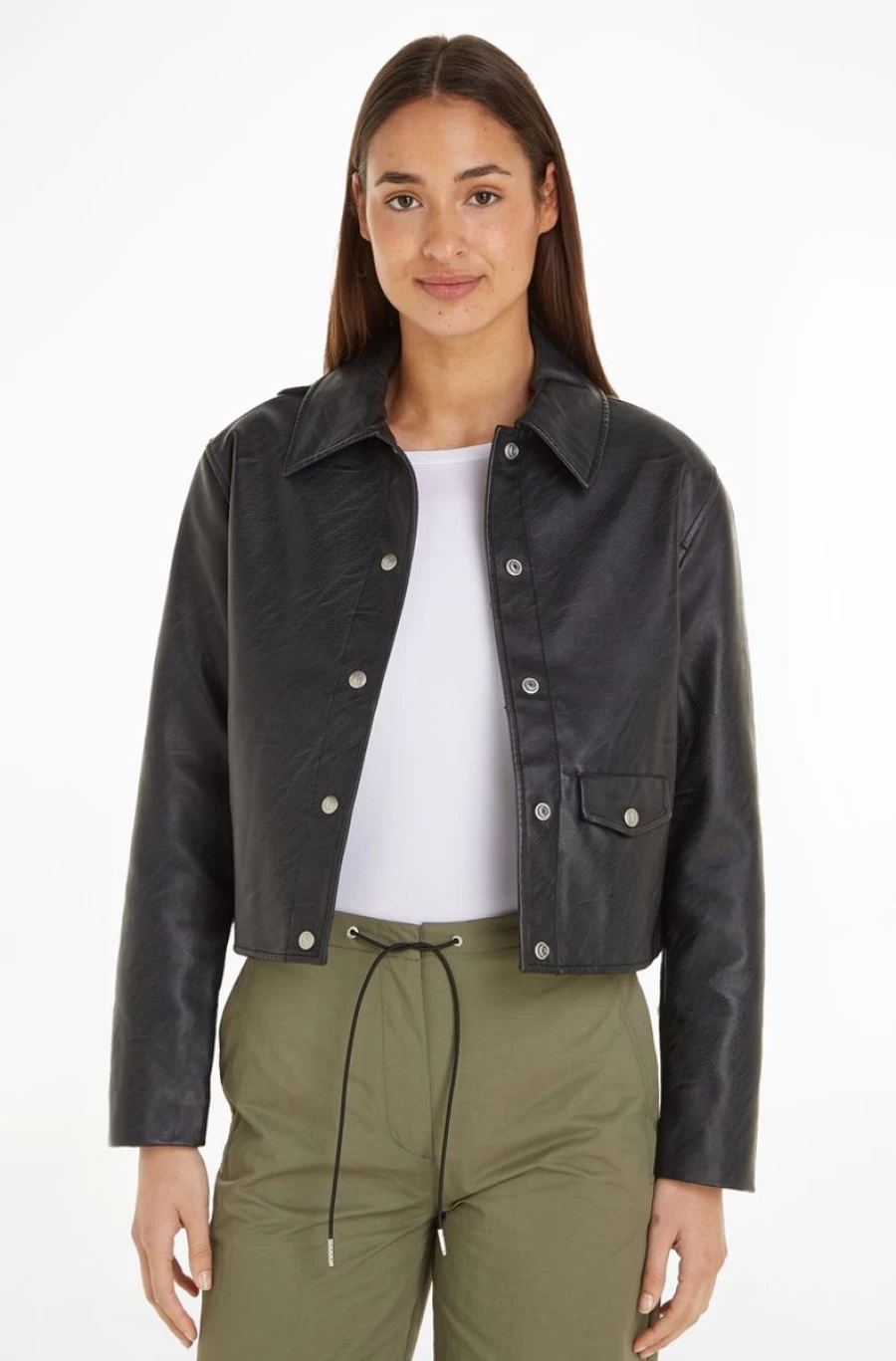 CALVIN KLEIN Women's Black Faux Leather Shirt Jacket