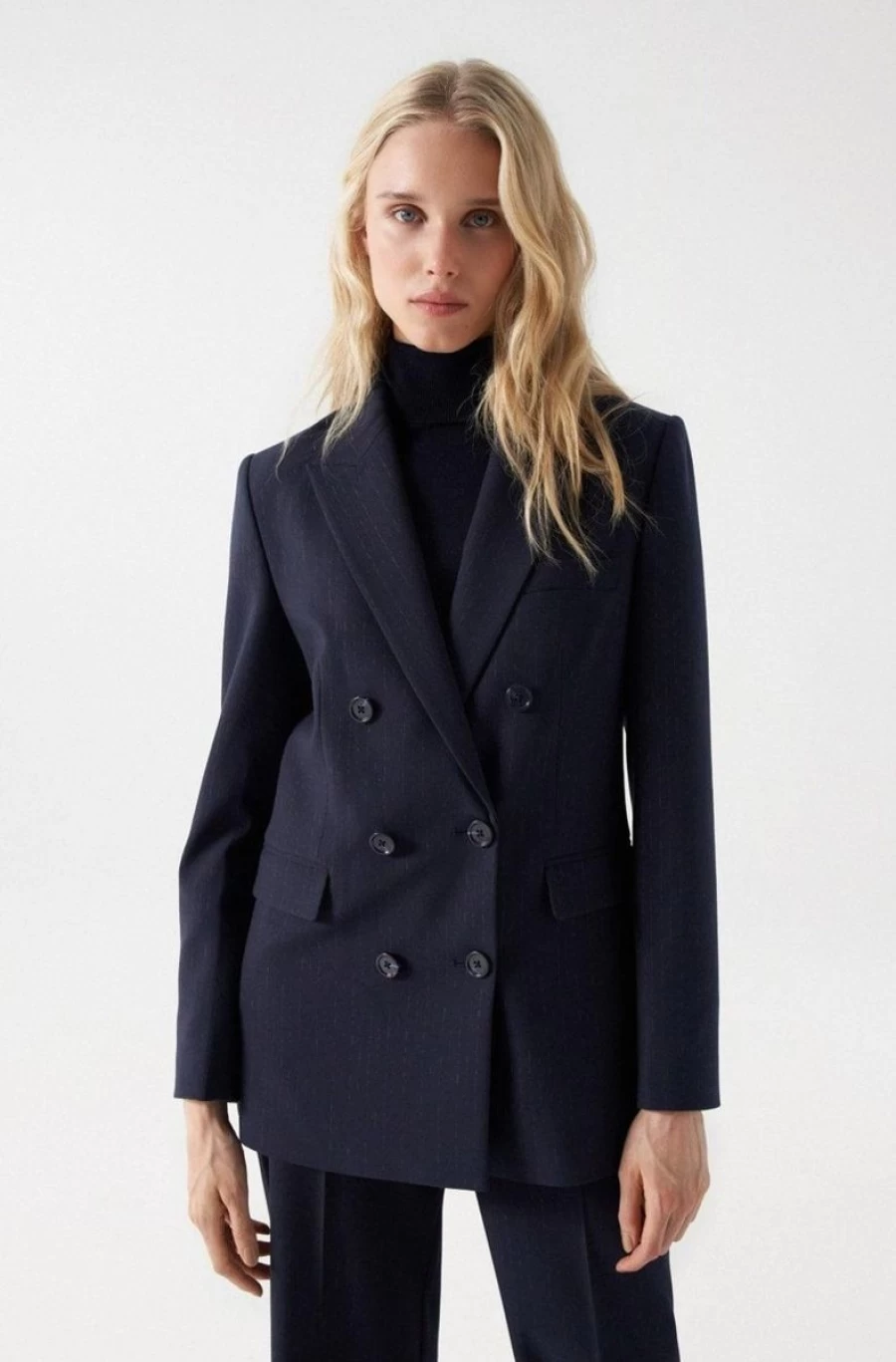 "SALSA JEANS Women's Double-Breasted Pinstripe Blazer Suit for Professional Style"