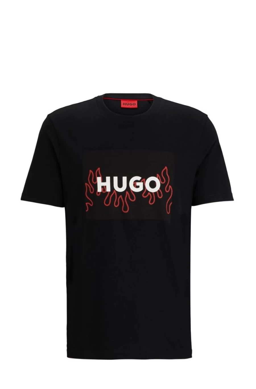 HUGO BOSS Men's Black Cotton Regular-Fit T-Shirt with Flame Logo - Jersey Crew Neck Tee