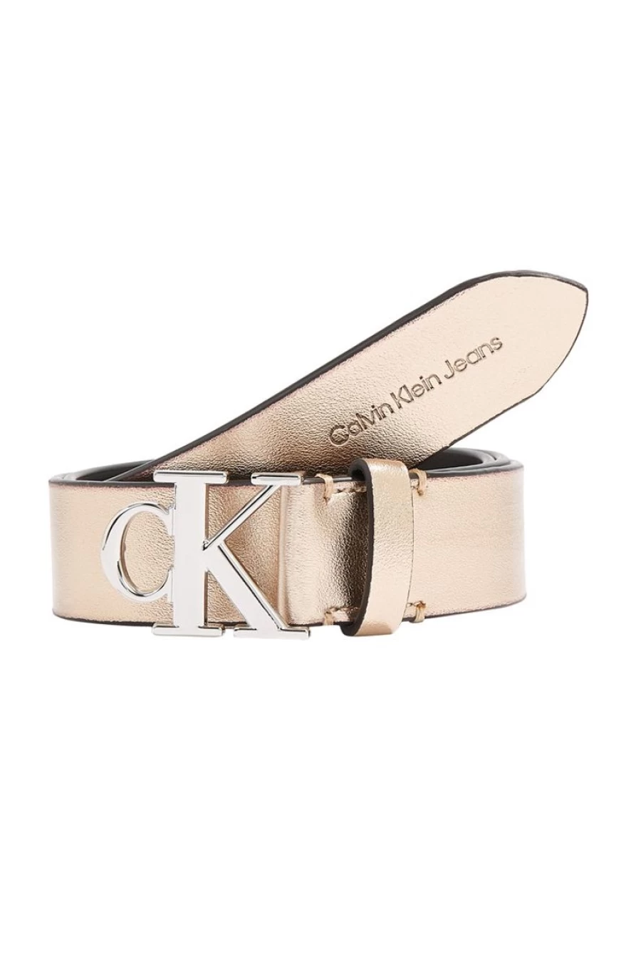 Women's CALVIN KLEIN Gold Metallic Buckle Belt - CK Logo Dress Strap
