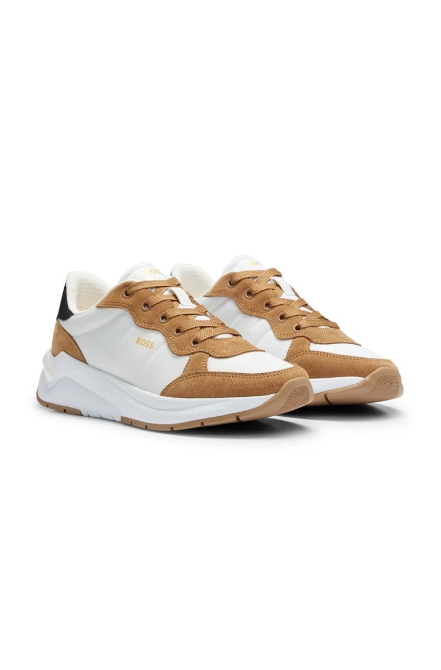 HUGO BOSS Women's White & Brown Suede Detail Sneakers