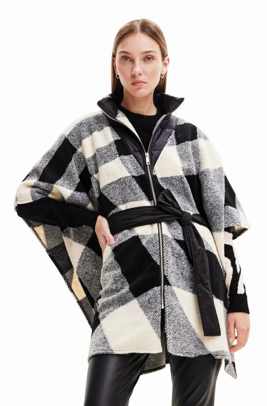DESIGUAL Women's Plaid Belted Poncho - Stylish Tartan Wrap Cape Coat