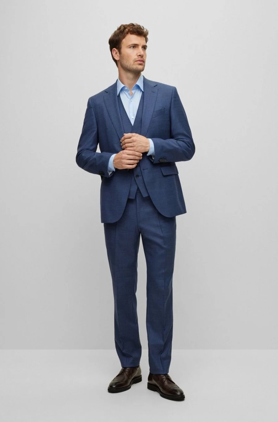 HUGO BOSS Men's Dark Blue Wool Blend Patterned Three-Piece Regular-Fit Suit