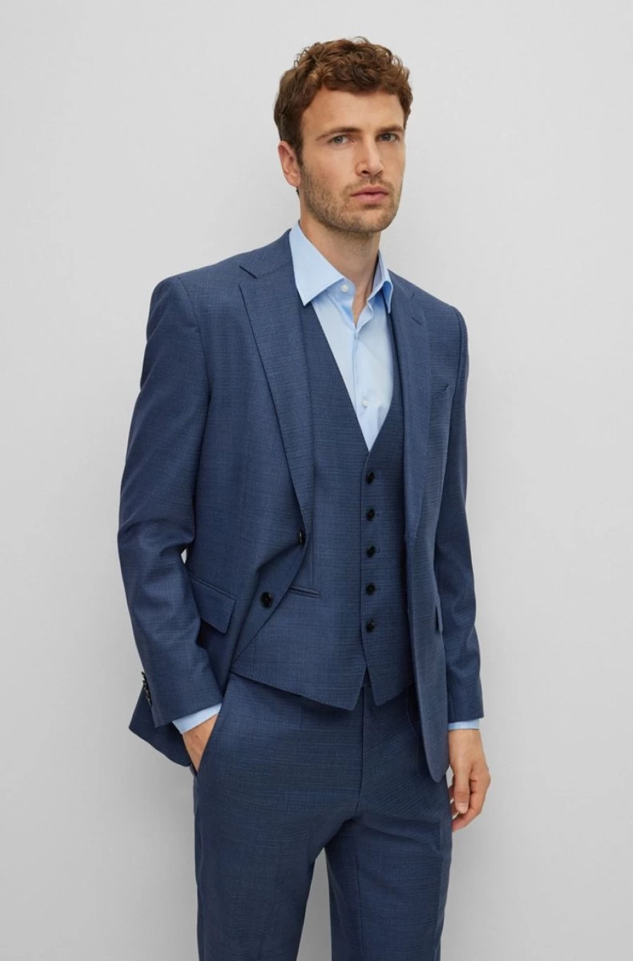HUGO BOSS Men's Dark Blue Wool Blend Patterned Three-Piece Regular-Fit Suit