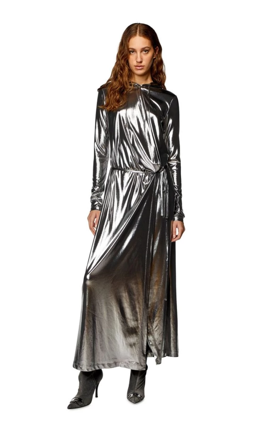 DIESEL Women's Silver Metallic Jersey Hooded Maxi Dress