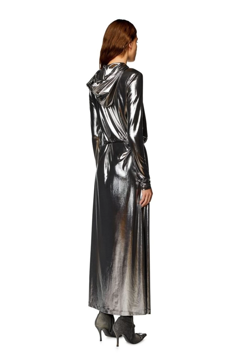 DIESEL Women's Silver Metallic Jersey Hooded Maxi Dress