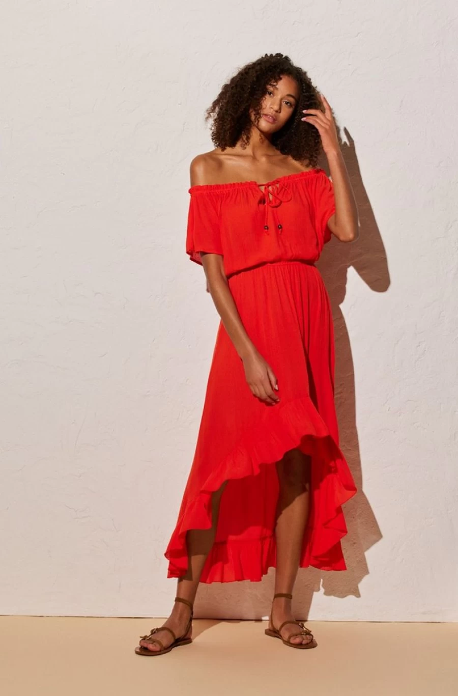 YSABEL MORA Women's Red Bare-Shoulder Dress - Elegant Off-Shoulder Style