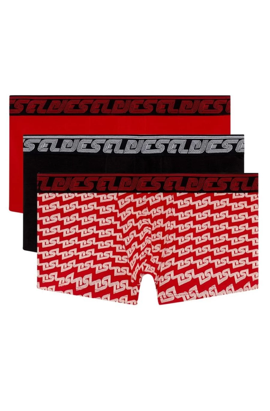 DIESEL Men's Red/Black Boxer Briefs 3-Pack with Logo Waistband & DSL Print