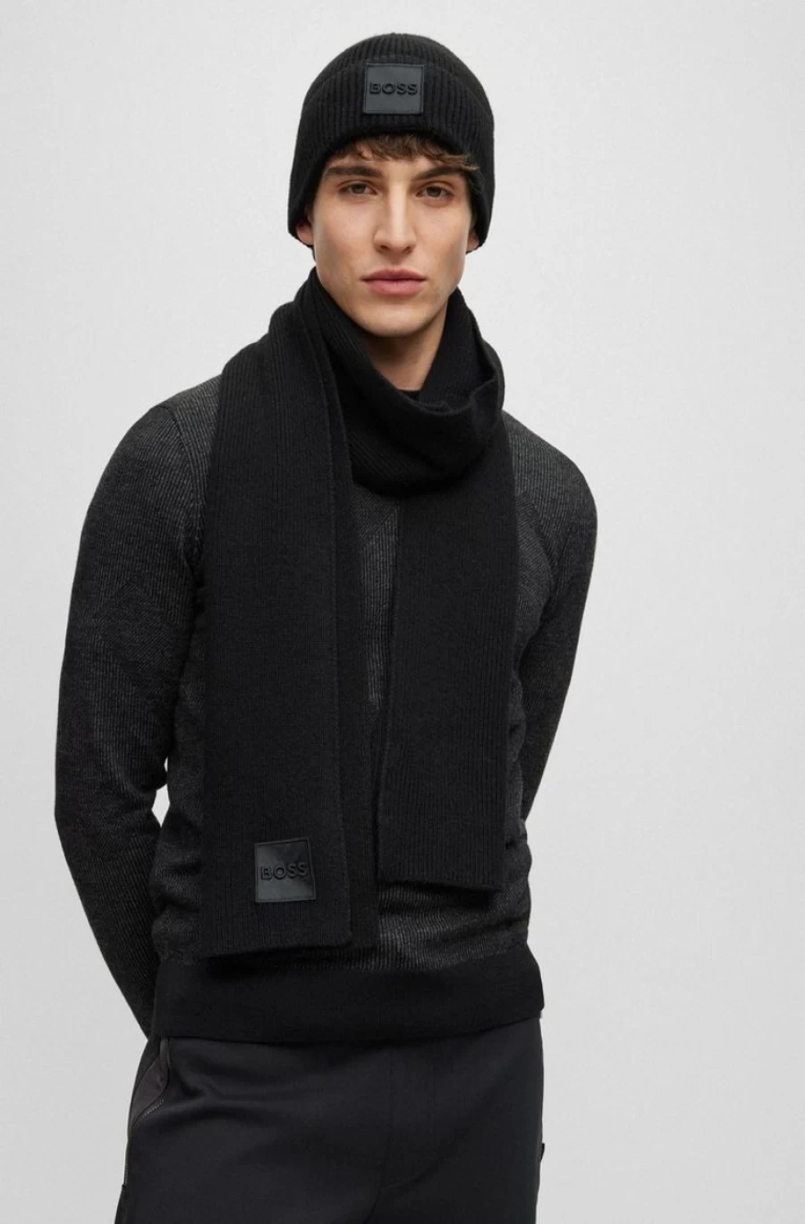 "HUGO BOSS Men's Embroidered-Logo Scarf & Beanie Winter Set"