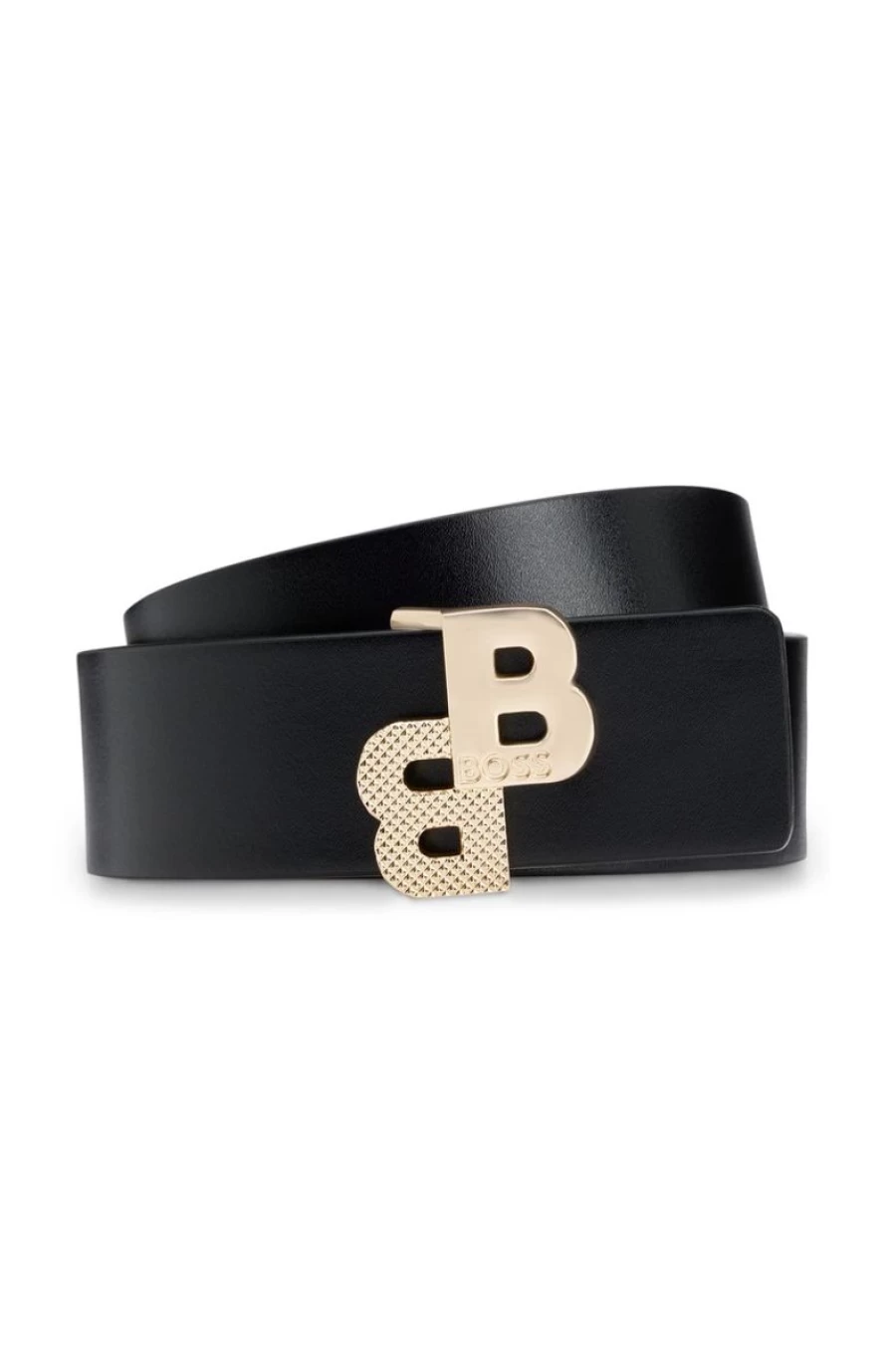 HUGO BOSS Women's Black Reversible Leather Belt with Monogram Buckle