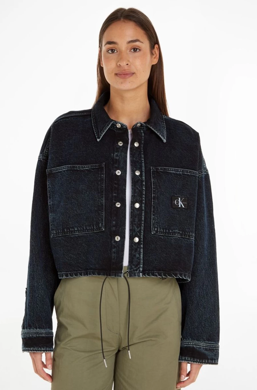 CALVIN KLEIN Women's Blue Oversized Cropped Denim Shirt - Relaxed Fit Stretch Cotton Top