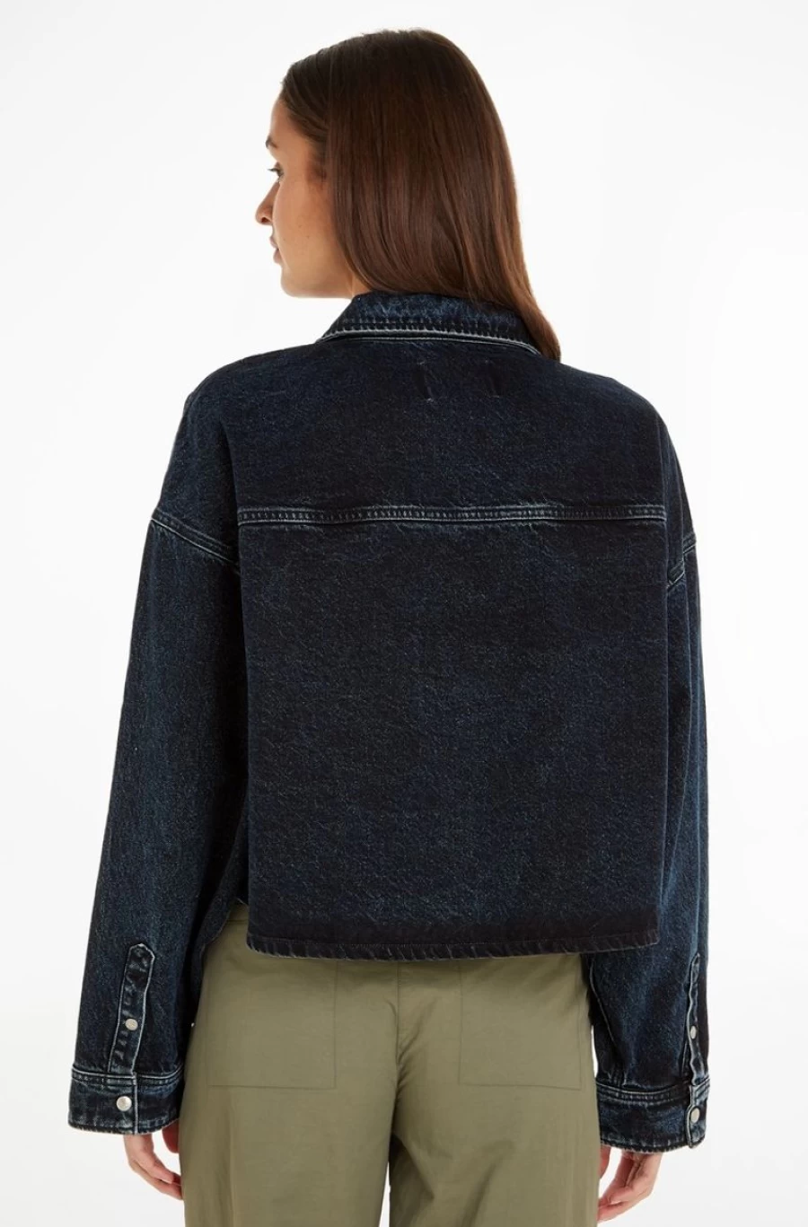 CALVIN KLEIN Women's Blue Oversized Cropped Denim Shirt - Relaxed Fit Stretch Cotton Top