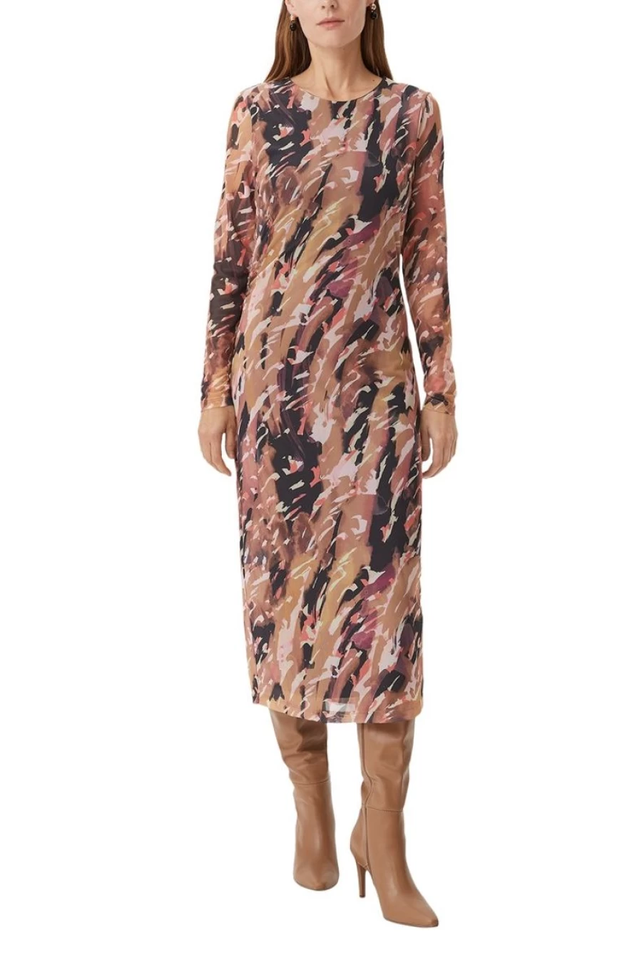 COMMA Women's Brown Patterned Mesh Dress with Side Gathers - Elegant Floral Design Bodycon Midi Dress
