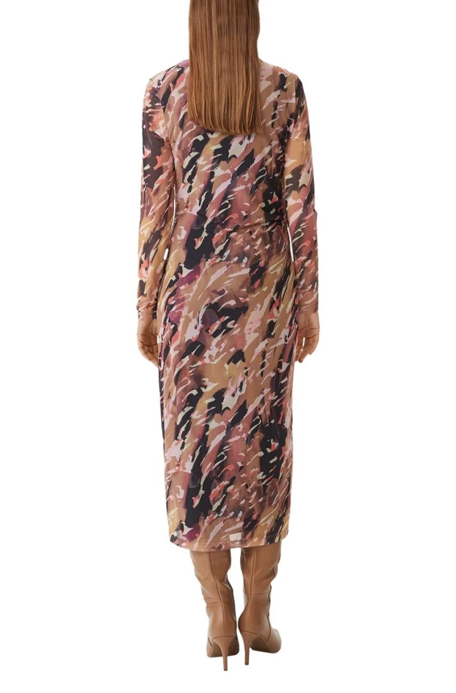 COMMA Women's Brown Patterned Mesh Dress with Side Gathers - Elegant Floral Design Bodycon Midi Dress