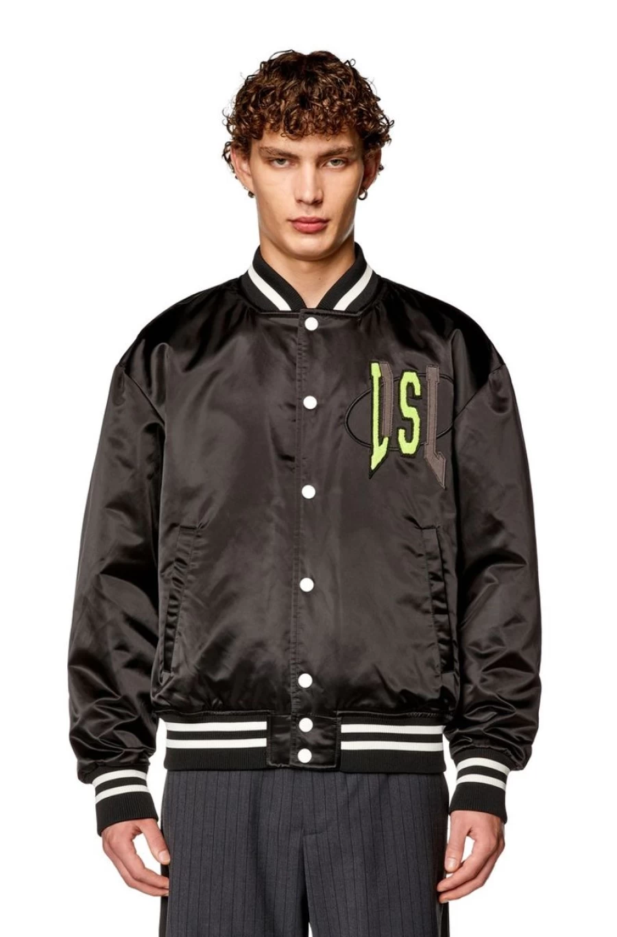 DIESEL Men's Satin Track Jacket with Lie Patches - Embroidered Detail Streetwear Jacket