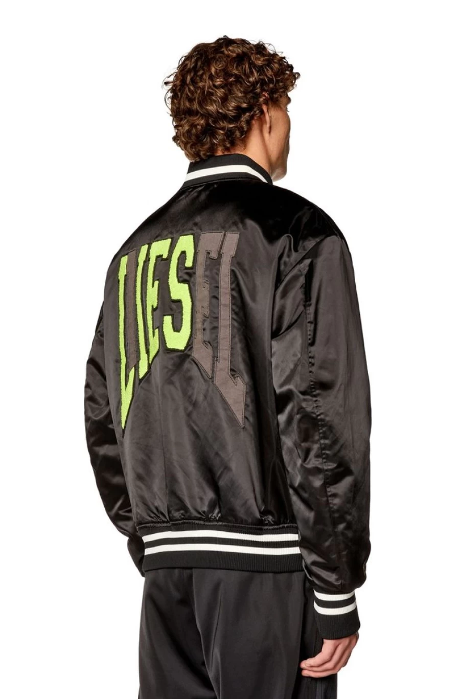 DIESEL Men's Satin Track Jacket with Lie Patches - Embroidered Detail Streetwear Jacket