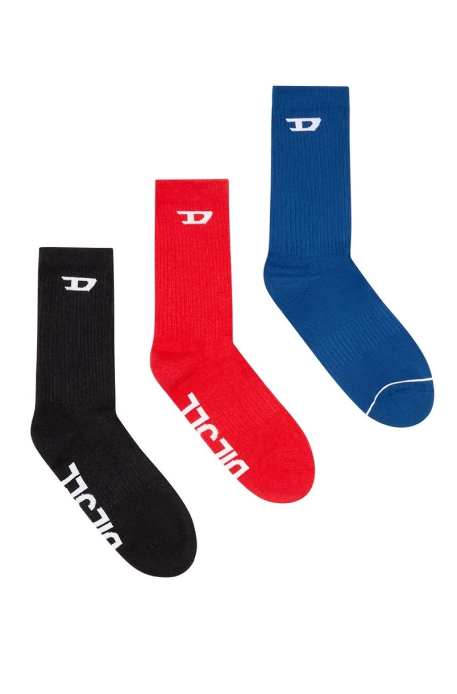 DIESEL Men's Jacquard Logo Crew Socks 3-Pack - Blue/Red Striped Casual Athletic Socks