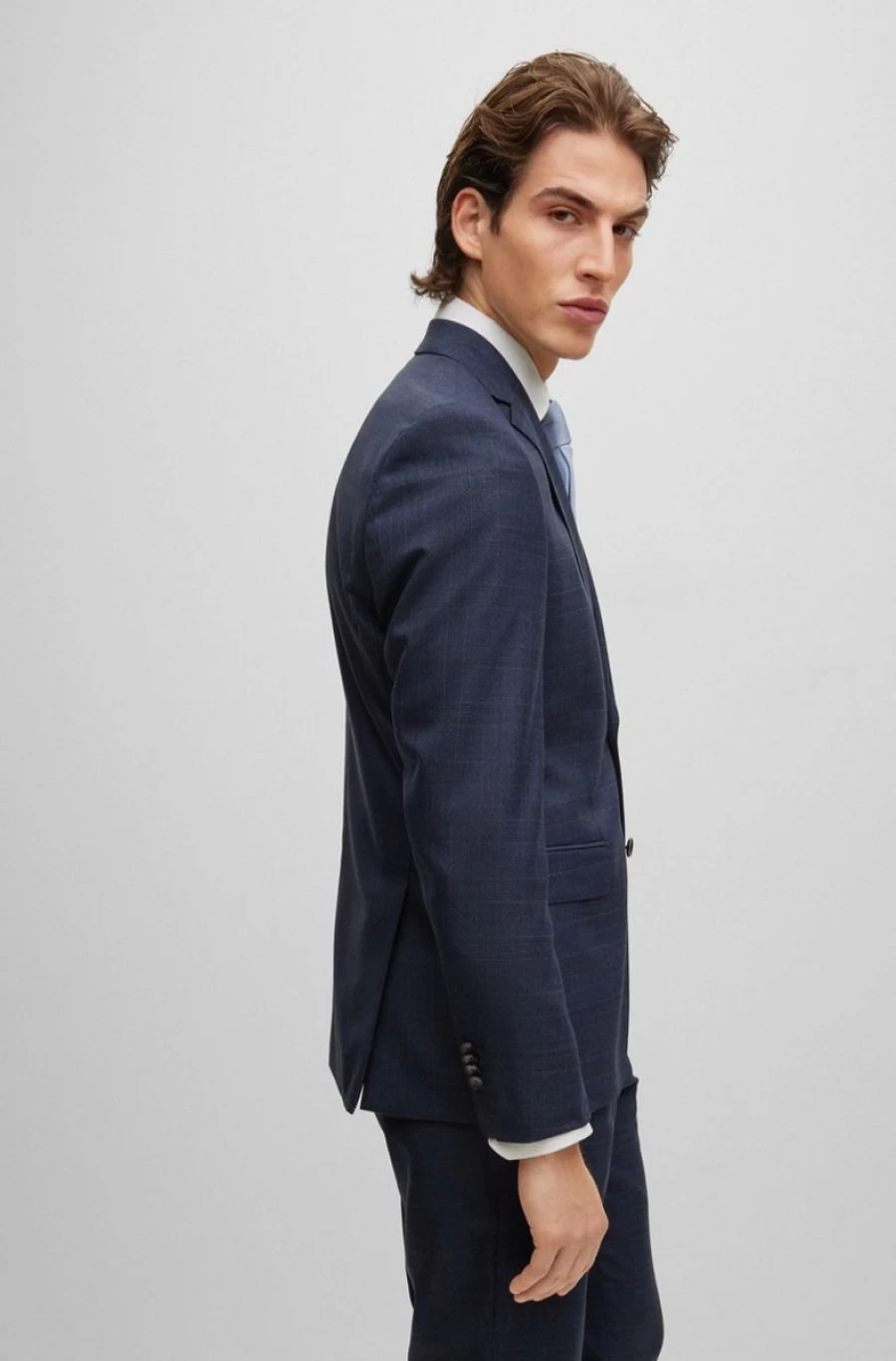 HUGO BOSS Men's Blue Regular-Fit Checked Virgin-Wool Suit - Classic Serge Blazer for Formal Wear