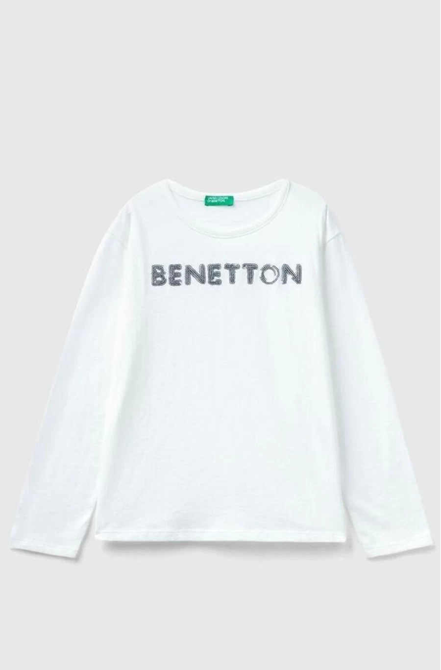 Benetton Girls' Cotton Long-Sleeved T-Shirt with Embroidered Logo Sequins