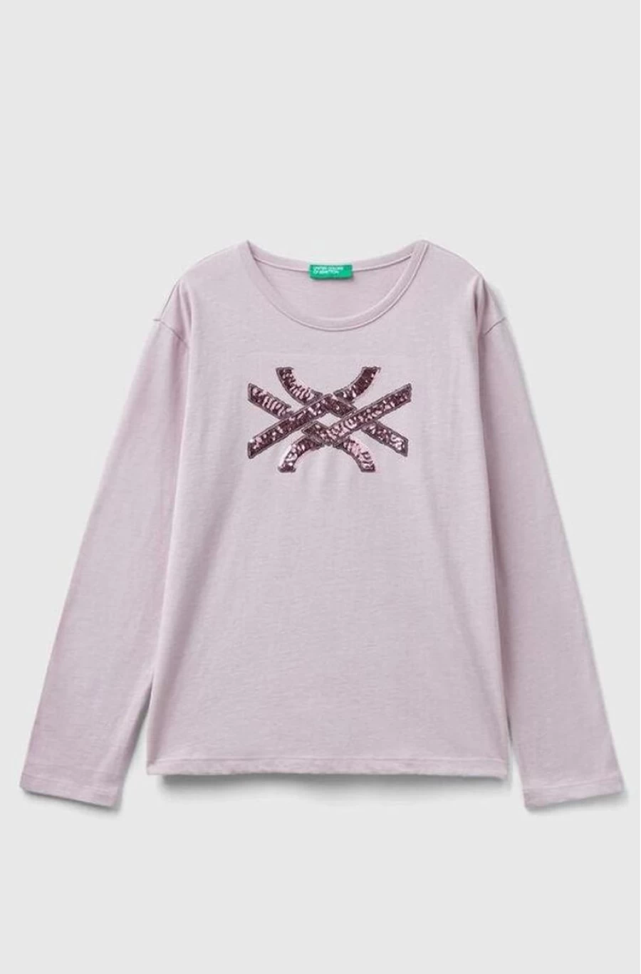 Benetton Girls' Cotton Long-Sleeved T-Shirt with Embroidered Logo Sequins
