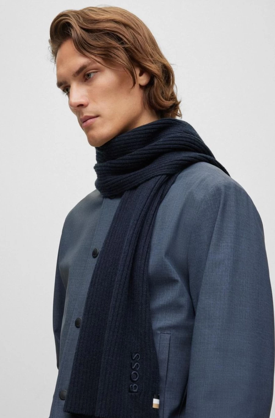 HUGO BOSS Men's Cotton Blend Ribbed Scarf with Embroidered Logo
