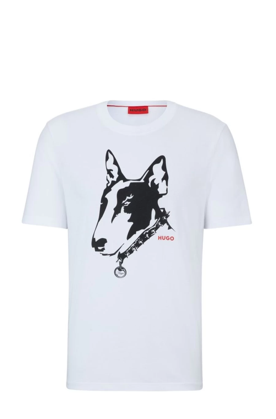 "HUGO BOSS Men's Cotton Jersey T-Shirt with Dog Artwork Design"