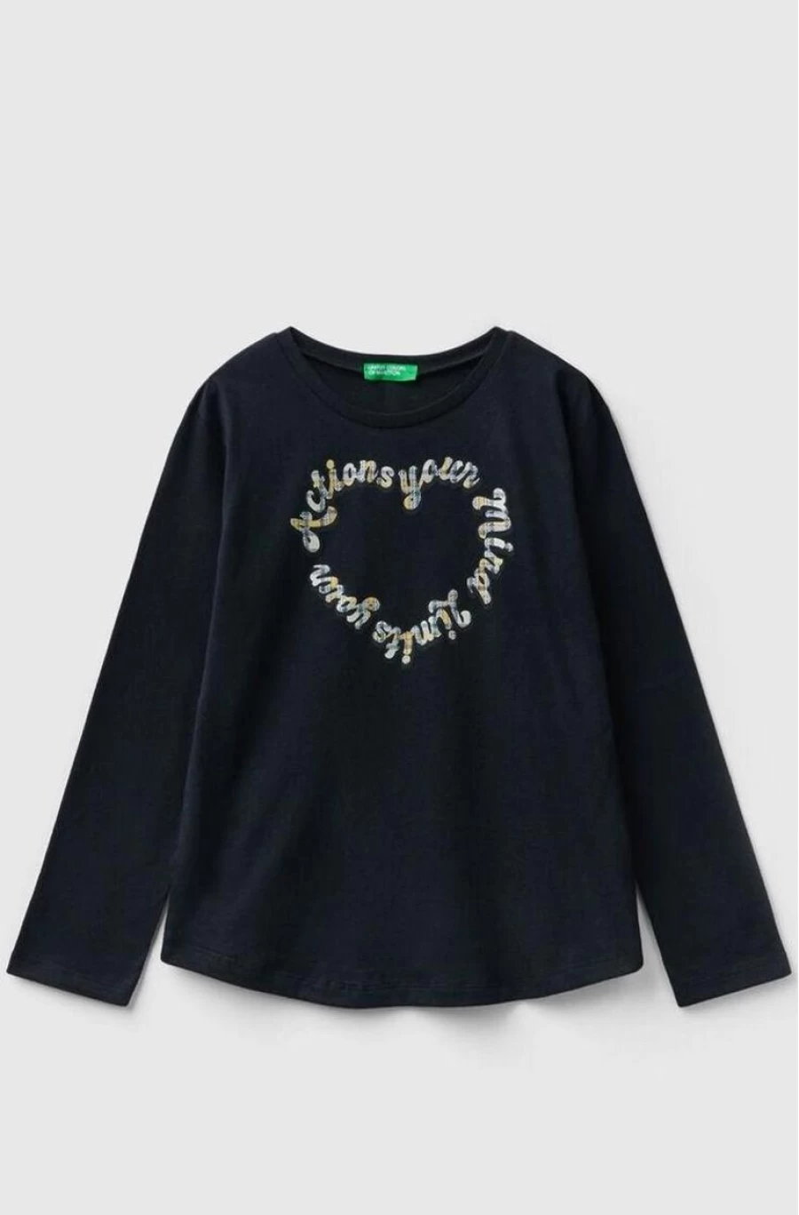 Benetton Girls' Black Cotton Long-Sleeved Printed T-Shirt