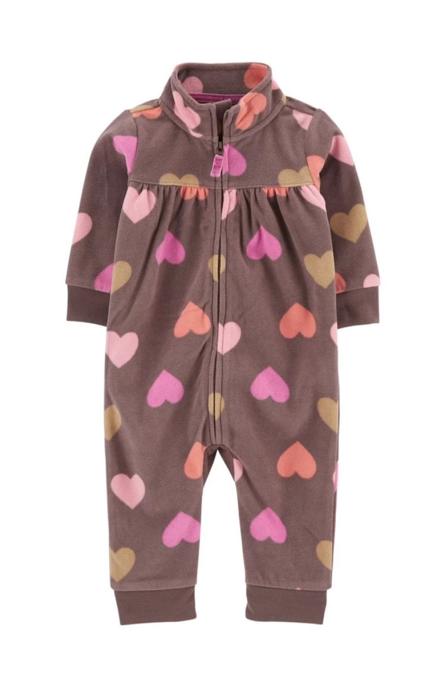 CARTER'S Girls' Brown/Multi Heart Print Fleece Jumpsuit - Cozy Winter Outfit