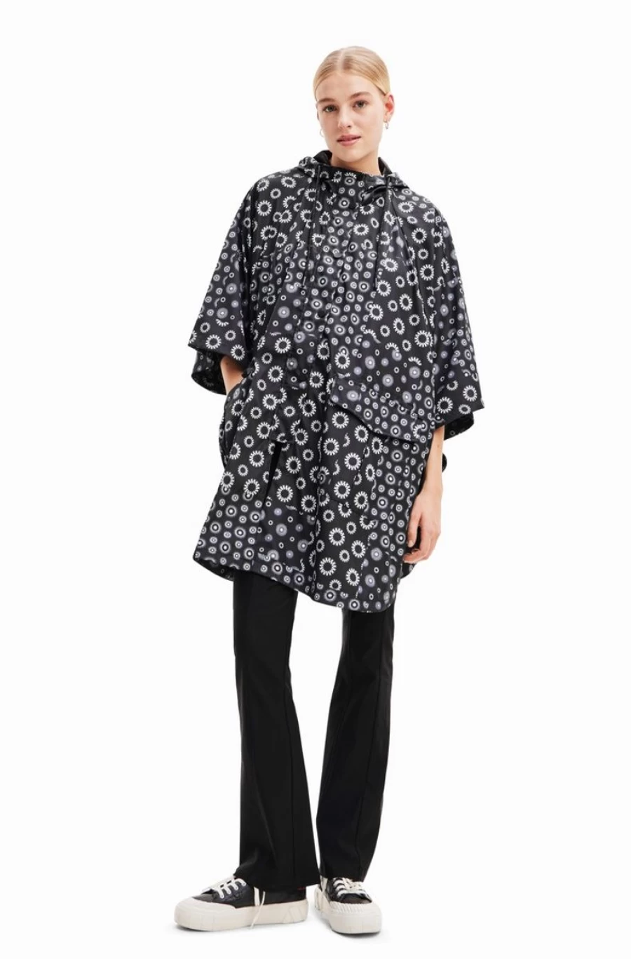 DESIGUAL Women's Geometric Print Hooded Raincoat Stylish Waterproof Jacket