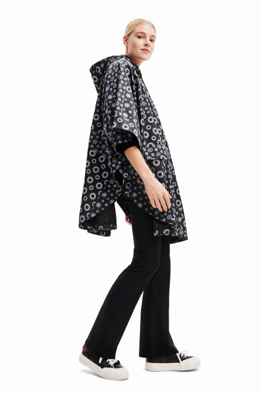 DESIGUAL Women's Geometric Print Hooded Raincoat Stylish Waterproof Jacket