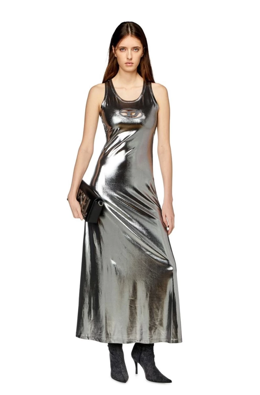 DIESEL Women's Silver Metallic Stretch Jersey Midi Dress