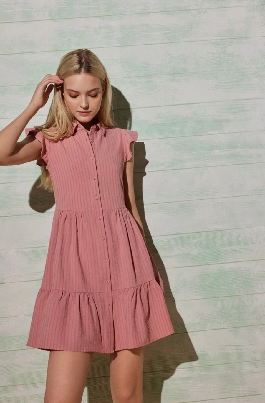 YSABEL MORA Women's Pink Mini Shirt Dress with Ruffle Detail - Flirty Feminine Style