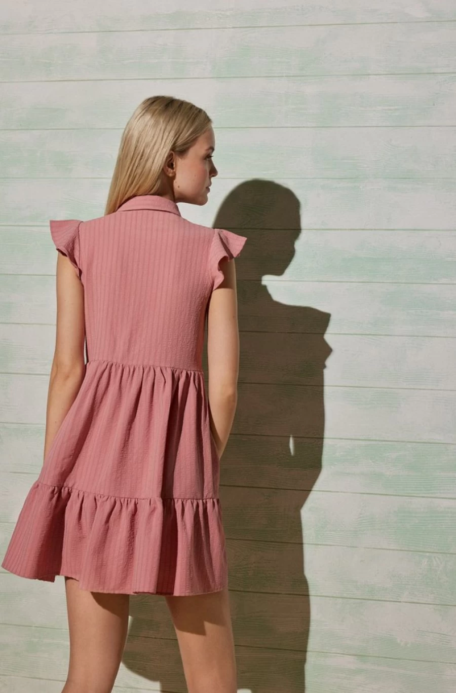 YSABEL MORA Women's Pink Mini Shirt Dress with Ruffle Detail - Flirty Feminine Style