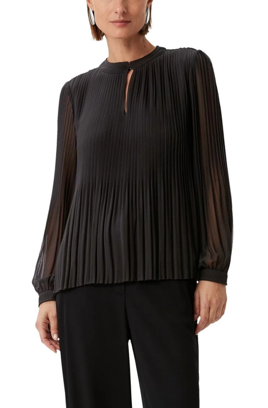 "COMMA Women's Black Chiffon Blouse with Plisse Pleats – Elegant & Stylish Top"
