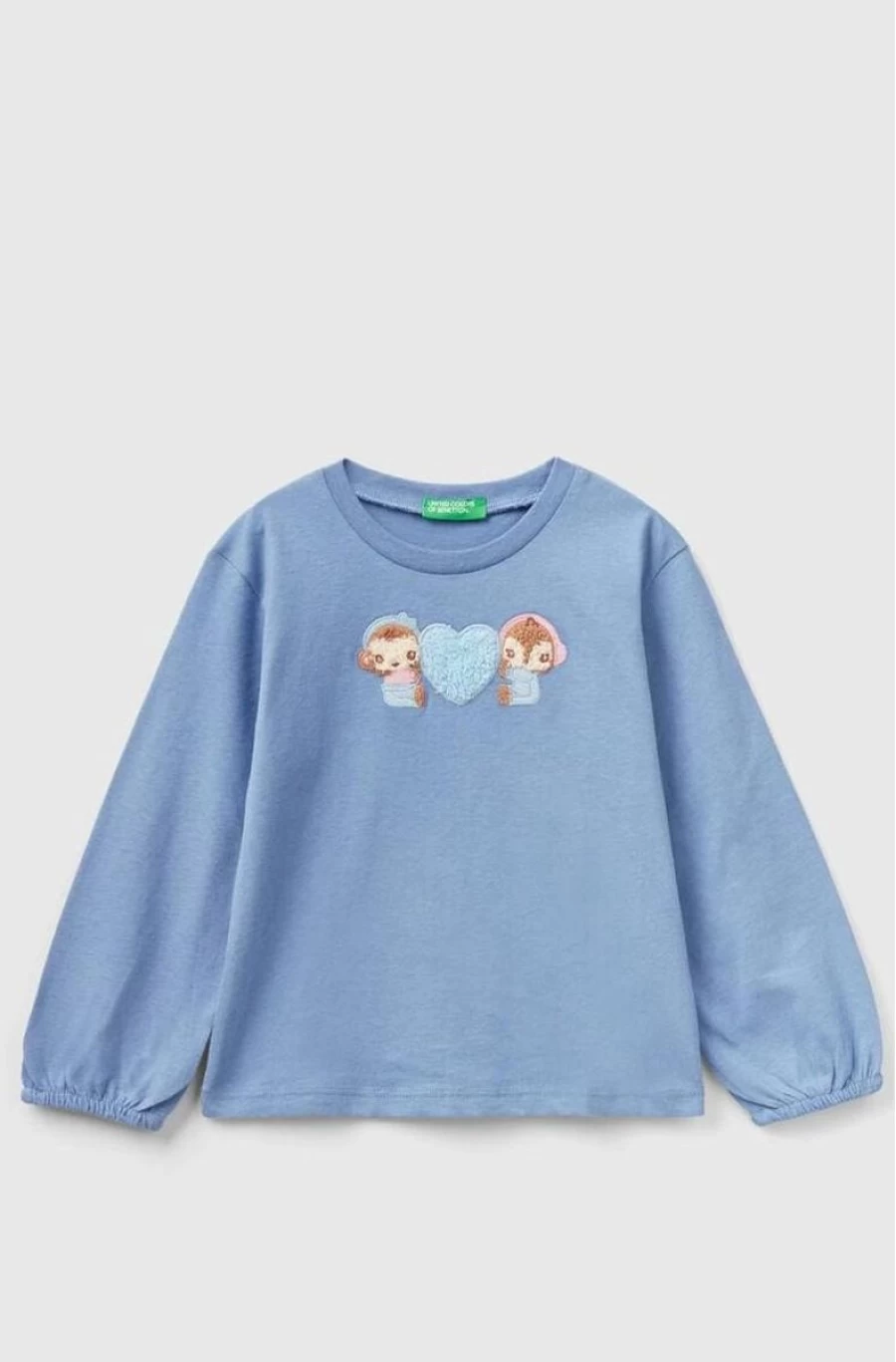 Benetton Girls' Mint Aqua Cotton Long-Sleeved Embroidered T-Shirt
