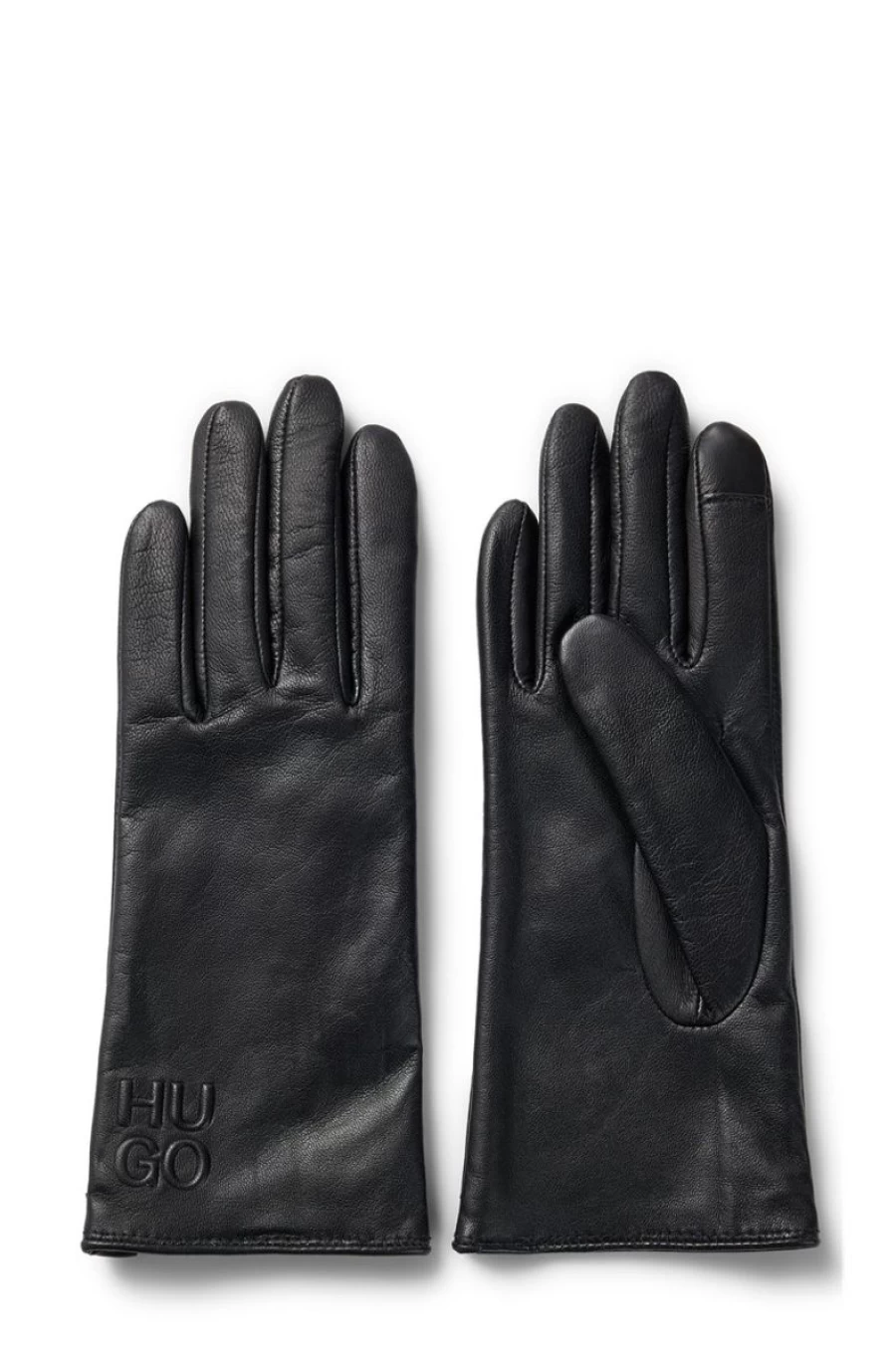 "HUGO BOSS Women's Pink Leather Gloves with Embossed Logo"