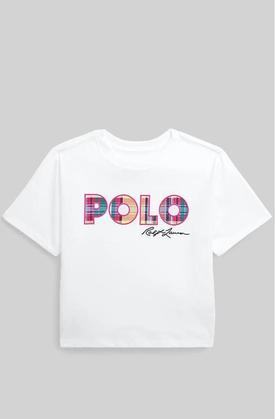 RALPH LAUREN Girls' White Cotton Boxy Tee with Madras Logo - Relaxed Fit Jersey Top