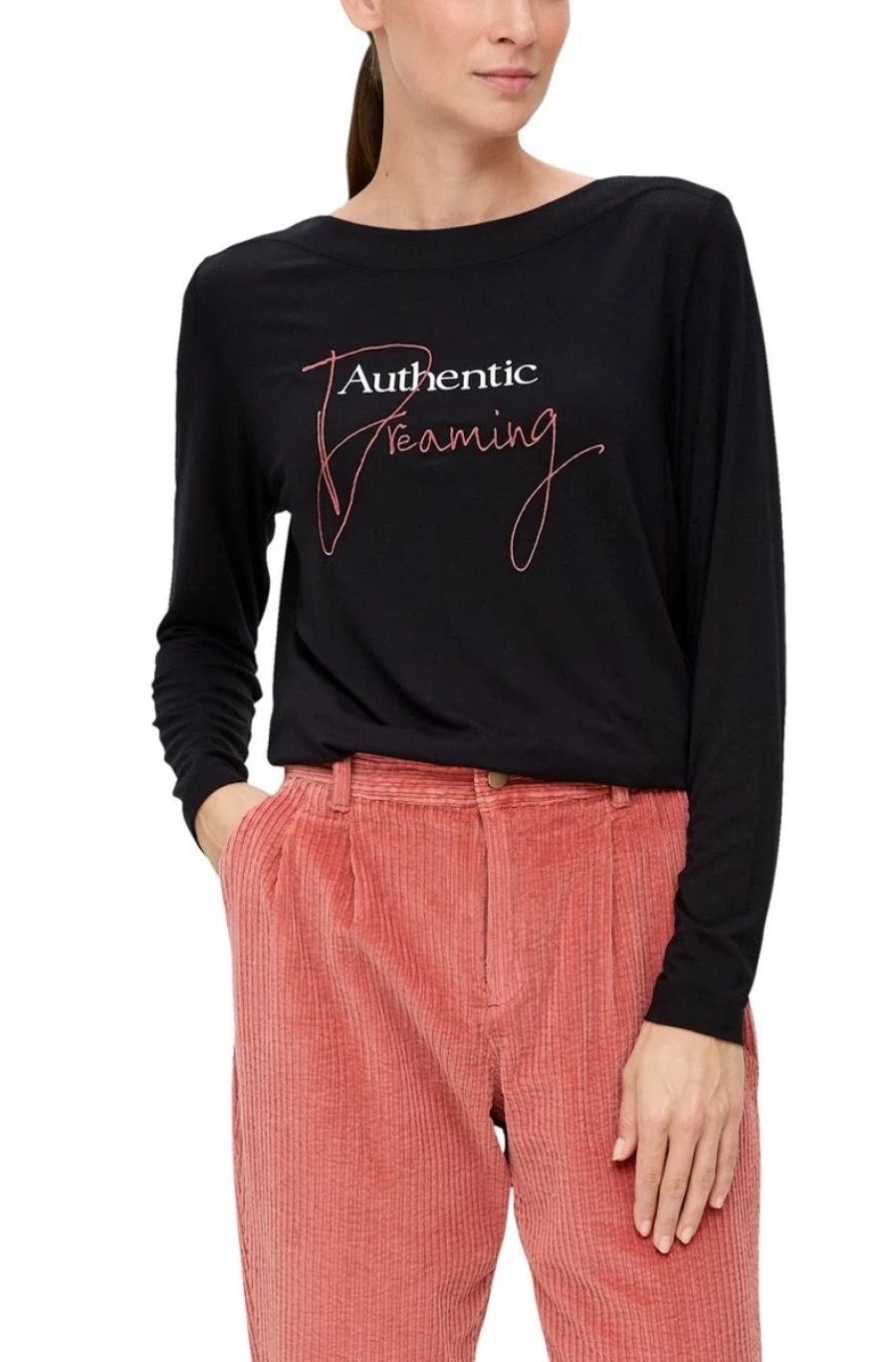 S.OLIVER Women's Black Long Sleeve Viscose Top with Front Print Design