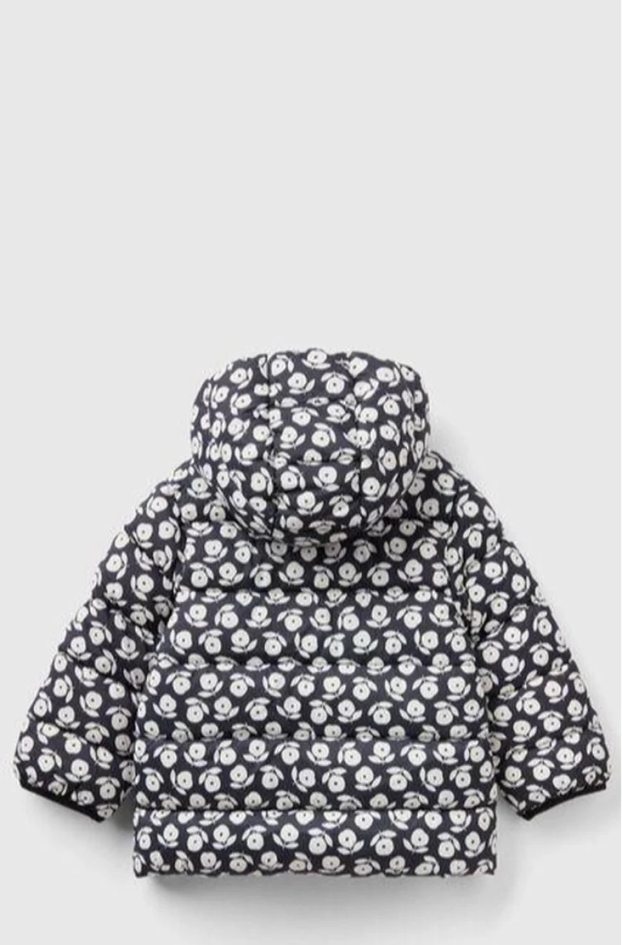 BENETTON Girls Black-White Oversized Quilted Jacket with Pattern Print