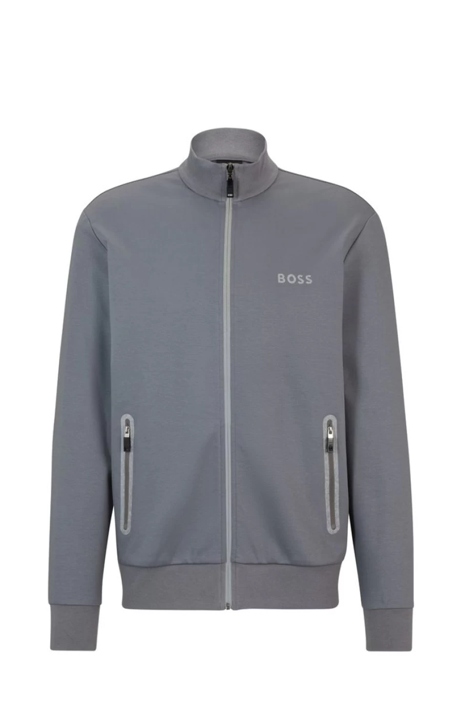 "HUGO BOSS Men's Grey Cotton-Blend Zip-Up Sweatshirt With Pixelated Design"