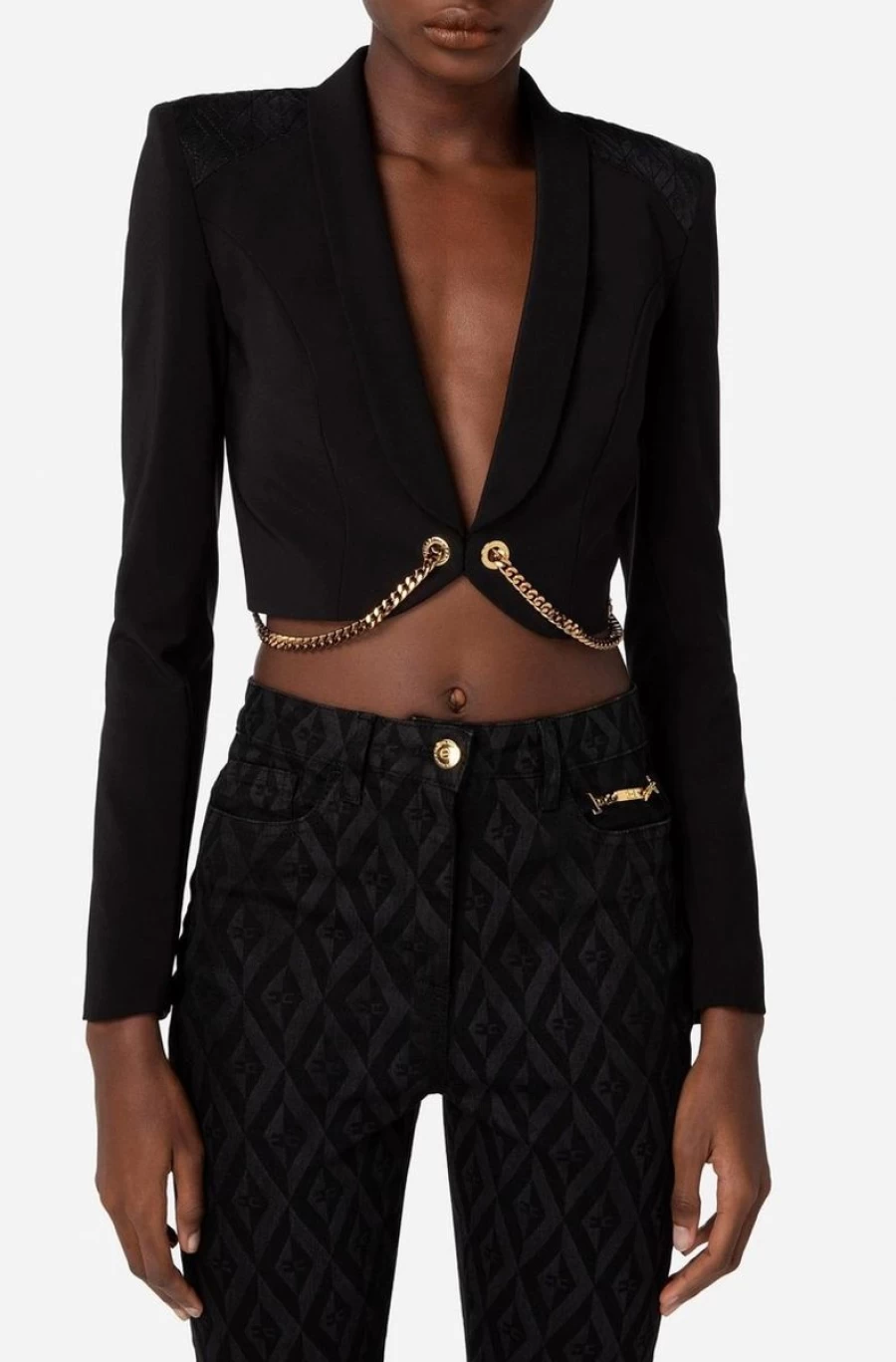 ELISABETTA FRANCHI Women's Black Short Shawl Jacket with Chain Detail - Stylish Outerwear Coat