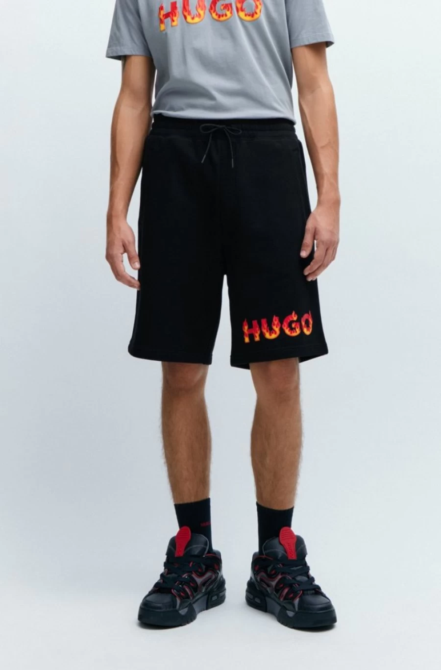 "HUGO BOSS Men's Black Cotton-Terry Shorts with Puffed Flame Logo"
