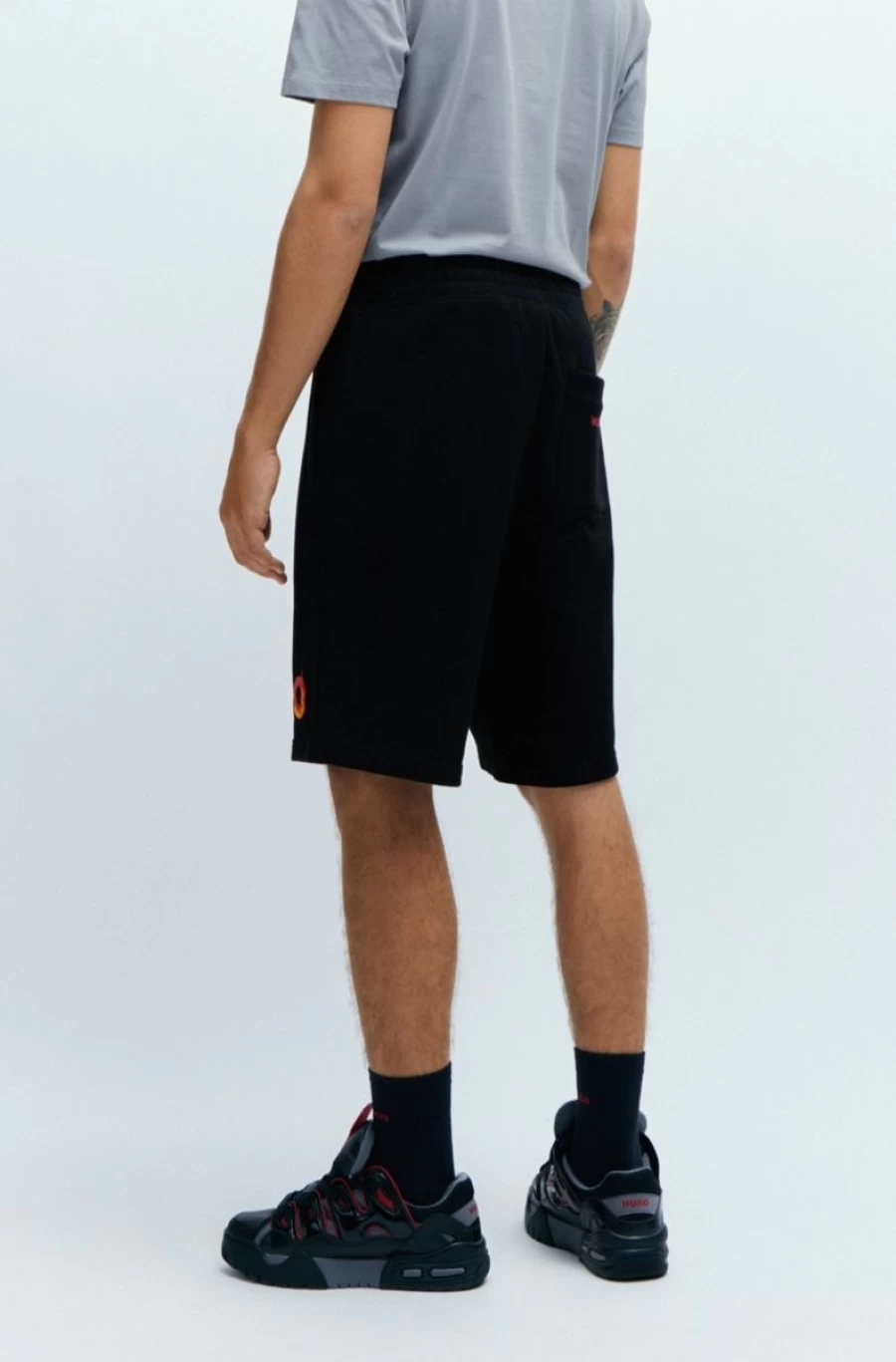 "HUGO BOSS Men's Black Cotton-Terry Shorts with Puffed Flame Logo"