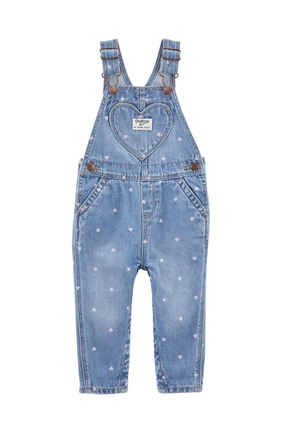 CARTER'S Girls Blue Heart Print Denim Overalls for Toddlers