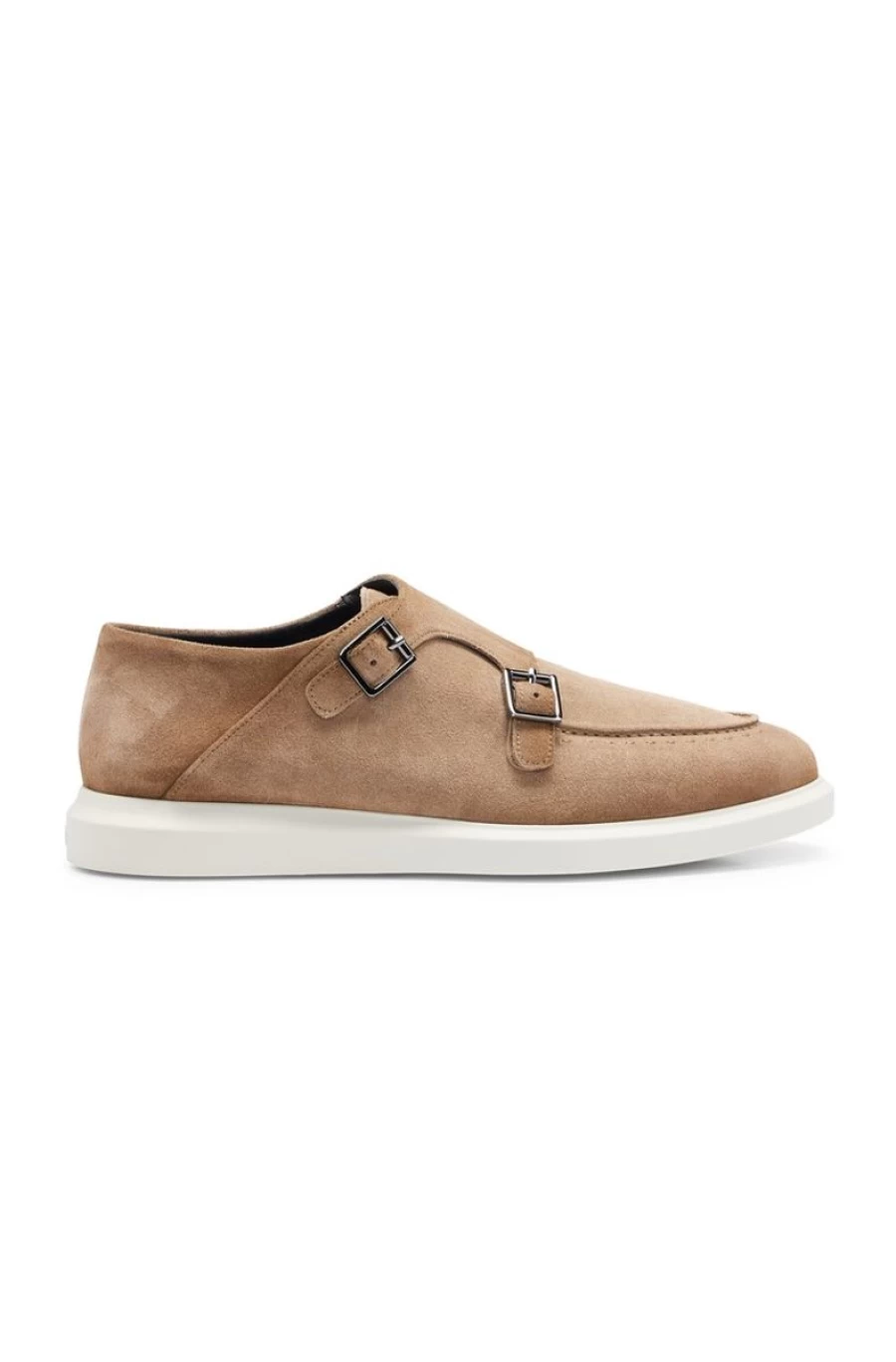 HUGO BOSS Men's Medium Beige Suede Double Monk Strap Buckle Dress Shoes